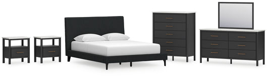 Cadmori Queen Upholstered Bed with Mirrored Dresser, Chest and 2 Nightstands