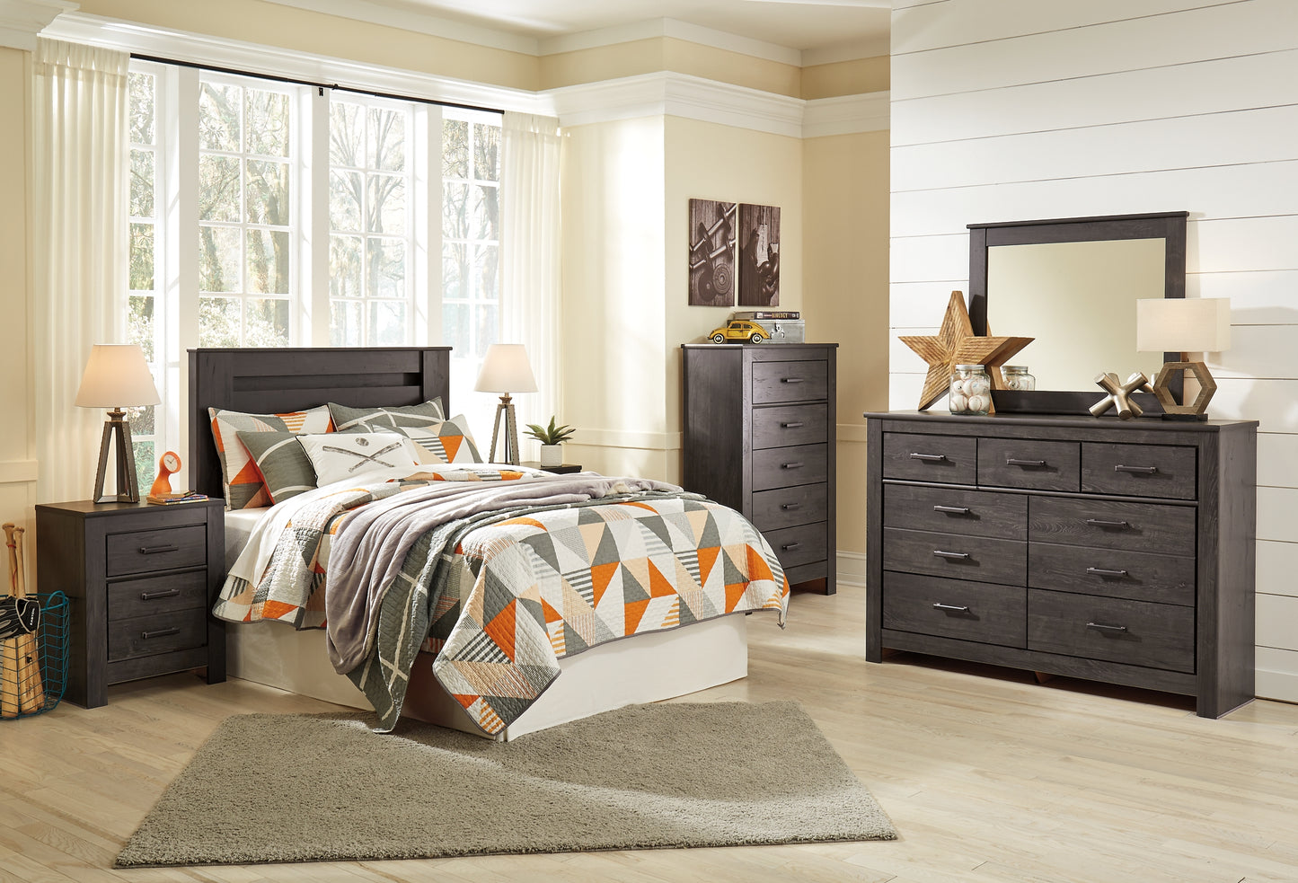 Brinxton Full Panel Headboard with Mirrored Dresser, Chest and Nightstand