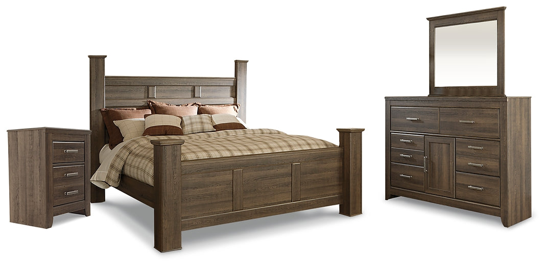 Juararo King Poster Bed with Mirrored Dresser and Nightstand