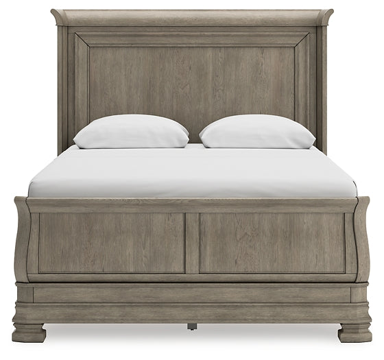 Lexorne Queen Sleigh Bed with Mirrored Dresser, Chest and 2 Nightstands