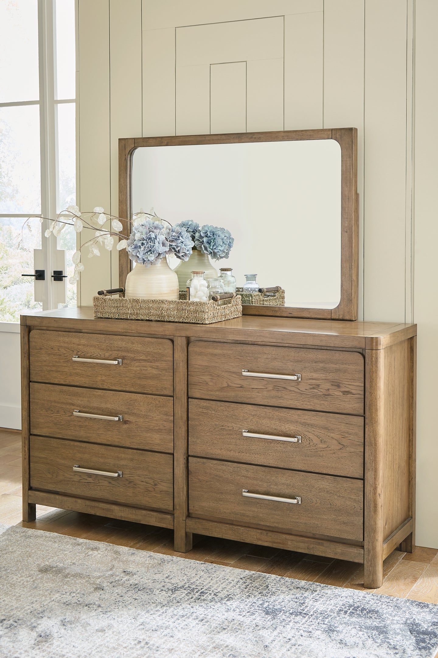 Cabalynn King Panel Bed with Storage with Mirrored Dresser and Nightstand